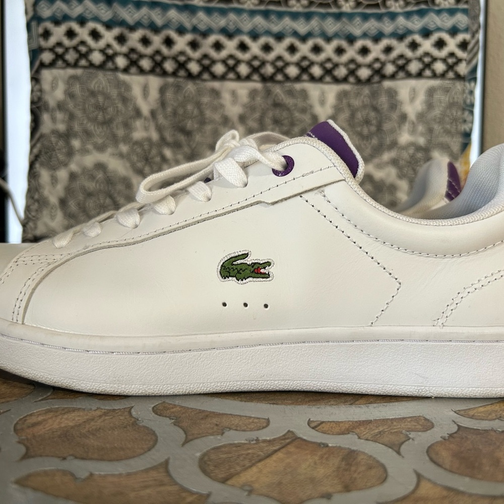 Lacoste White Sneakers with Green Logo & Purple accents